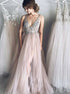 A Line V neck Tulle Split Backless Prom Dresses with Beadings LBQ0693